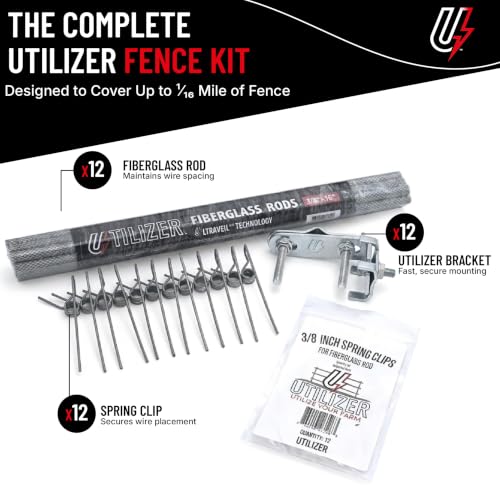 Utilizer Electric Fence Extension Stand-Off Kit – 1/16 Mile T-Post Bundle | Includes Fence Post Brackets, 3/8x15” Rigid Electric Fence Posts & T Post Clips – Zero-Sag Electric Fence Kit - size: 15"Rods - 1/16 Mile