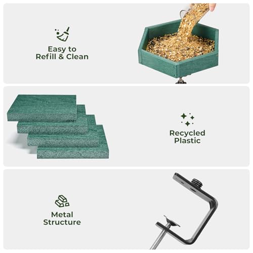 Kingsyard Clamp-On Deck Bird Feeder for Balcony Railings, No Drill | Recycled Poly Lumber, Weather Resistant, Mesh Tray for Airflow & Drainage, Fits Railings up to 2.2 in - color: Green