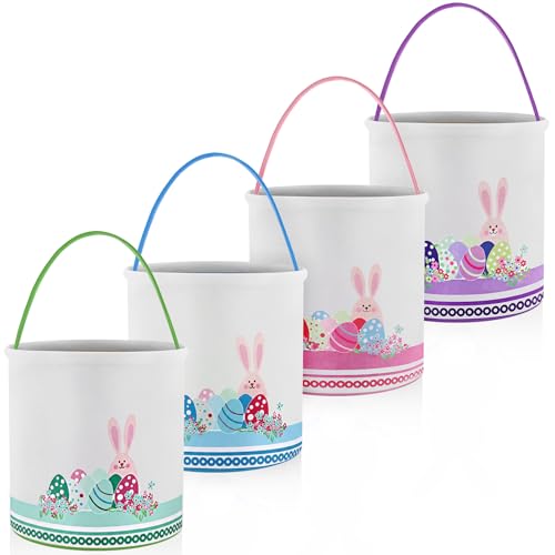 Honeydak 4 Pcs Easter Baskets for Kids Bunny Easter Egg Hunt Bags Canvas Tote Gift Bags Egg Buckets with Handles for Eggs Hunt, Toys, Candy, Gifts Party Favors(Bunny Eggs) - style: Bunny Eggs