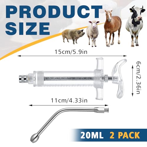 Threlaco 20ml 2 Pcs Drench Gun for Goats, Sheep & Cattle, Clear | Reusable Small Goat Drench Syringe, Adjustable Veterinary Medicine Feeding Syringe, Continuous Dosing for Livestock, Horse - color: Clear, size: 20ml