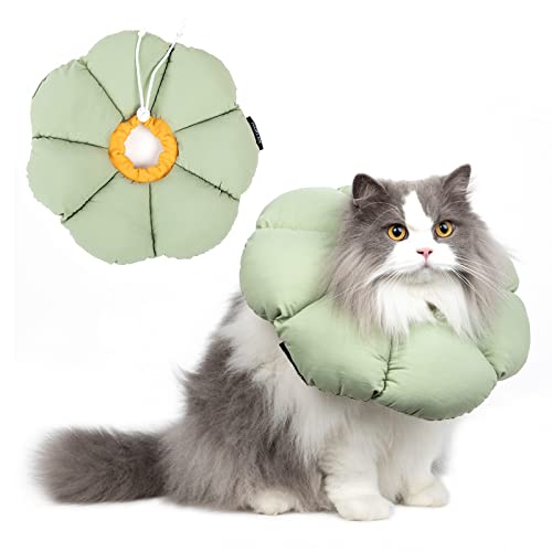 Cat Cone Collar,Cute Waterproof Cat Recovery Collar,Anti-Bite Lick Wound Healing Safety Elizabethan e Collar for Cats,Green Flower All-Season Style - color: Green Flower, size: Small