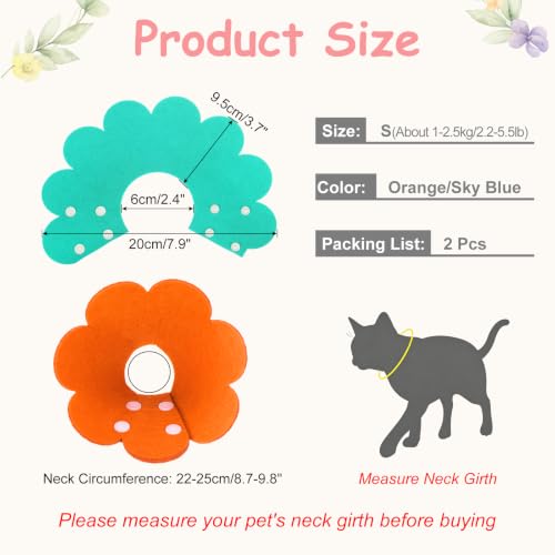 Felt Cat Recovery Collar, Cute Flower Cat Recovery Collar Adjustable Recovery Cones (2Pcs, S 6.3-7.5inch, Orange/Sky Blue) for Small Dogs Kittens Cats - color: Orange/Blue, size: S（1-2.5 KG/2.2-5.5 lb）