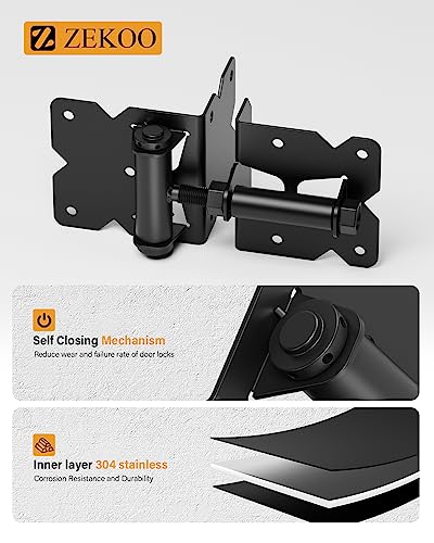 ZEKOO Stainless Steel Gate Hardware Kit, Self Closing Gate Hinges & Latch | Rust Proof, Use for Vinyl Fence Gate and Wood Fences Gate, Heavy Duty 2 Gate Latches 4 Gate Hinges (Black) - color: Black Two Set