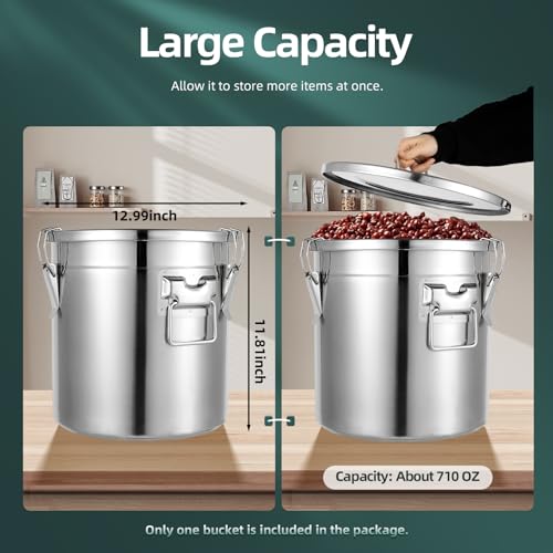 DYNAMI 5.5Gal 304 Stainless Steel Airtight Container with Lid and Locking Clamp,17-38Lbs Metal Bucket Stainless Steel Drum Large Canister for Kitchen,Dog Food/Bird Seed/Coffee Storage Container(21L)