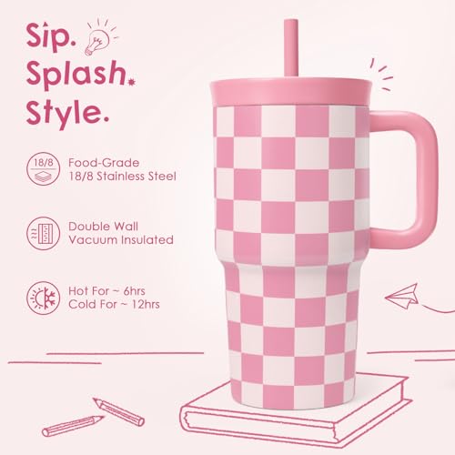 SANDJEST Checker Stainless Steel Tumbler 20oz with Handle and Silicone Straw Locking Lid for Kids Girls, Birthday Christmas Back to School - color: Checker 2