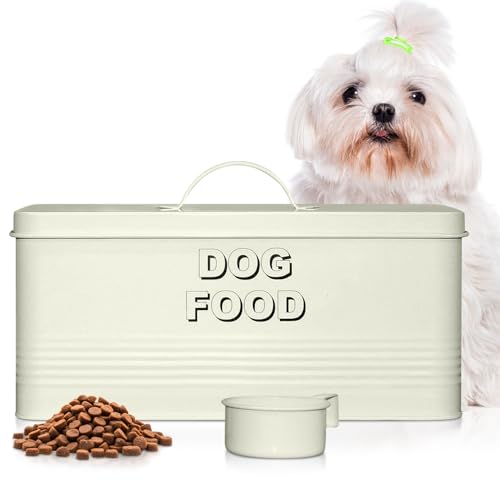 Plexon Metal Dog Food Storage Container with Scoop - Small Dog Food Container 10lbs Holder Treat Jar Bin with Lid - Pet Chow Storage Canister Tin, 2 Gallon, Off-White - color: Off-white, 2 Gall Capacity