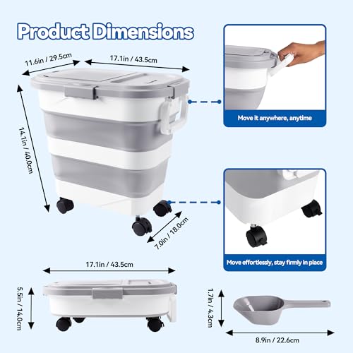 Dog Food Storage Container 30-40lbs, Airtight Pet Food Bin w/ Clear Window | Collapsible Rolling Storage Container with Wheels; Foldable Bucket with Locking Lid & Scoop; Gray - color: Gray-L