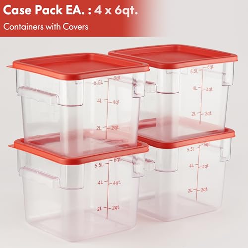 CURTA 4 Pack Food Storage Container with Red Lid - NSF Commercial Grade in 6.0 Qt - Square, Clear, Polycarbonate - color: 6.0 Qt 4-Pack(Red Lids)