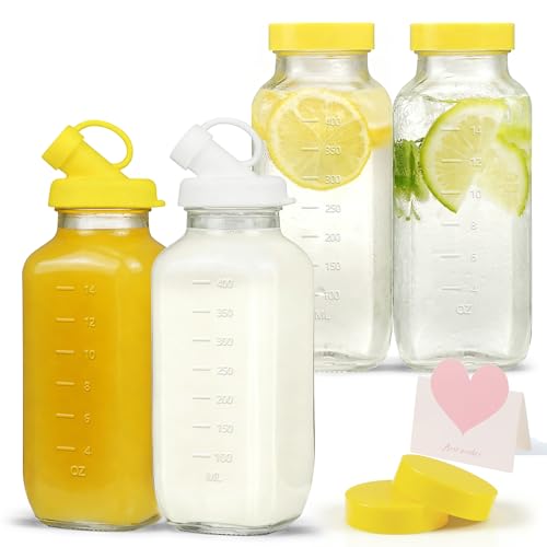 16 oz Glass Milk Bottles with Pour Dispenser, Reusable Juice Bottles with Airtight Lid for Fridge, Glass Pitchers with Scale, Gift for a New Mother - size: 4 pack