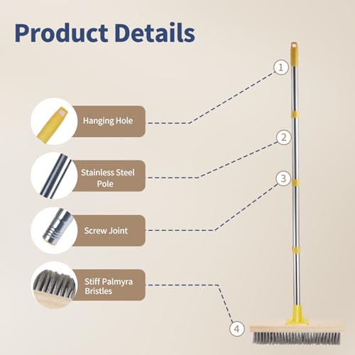 Stainless Steel Deck Brushes with Long Handle for Scrubbing Concrete Floor | 60" Concrete Floor Scrub Brush with Long Handle, Metal Stiff Wire Scrubber Broom for Garage, Patio, Garden, Outdoor Stain