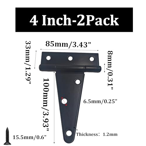 2PCS 4" Heavy Duty T-Strap Hinges, Black Rustic Iron Hinge, Rustproof Gate Tee Hinges for Outdoor Sheds, Barn Doors & Wood Fences-Thickness 1.8mm - size: 4 Inch
