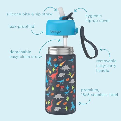 Bentgo Kids Stainless Steel Water Bottle, Leak-Proof, 14 oz, Bite & Sip | Vacuum Insulated, 18/8 Stainless Steel, 12-Hour Cold, Dishwasher Safe, BPA-Free (Dinosaur) - color: Dinosaur