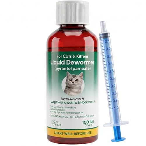 Liquid Dewormer for Cats & Kittens, Pyrantel Pamoate Oral Suspension, Removes Roundworm, Hookworm Broad Spectrum, with 1ml Dosing Syringe (50ml)