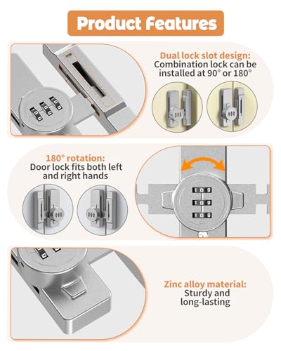 90/180 Degree Keyless Barn Door Lock Latch,Silver | 3 Digit Combination Security Latch, Zinc Alloy Mechanical Password Lock for Closet, File Cabinet, Sliding Door, Bedroom - color: Silver
