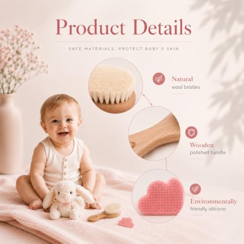 Baby Hair Brush & Comb Set, Organic Wooden Hairbrush Natural Goat Bristles for Newborns & Toddlers, Ideal for Cradle Cap & Itching, Perfect Shower and Registry Gift for Infant, Toddler (2pcs-Pink) - size: 2pcs-pink