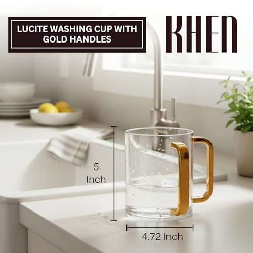 Khen Lucite Washing Cup with Gold Handles | Acrylic Handwashing Vessel | Modern Clear Mug Luxury Bathroom Sink Accessory | Decorative Stylish Household Essential | Elegant Plastic Jug - color: Gold
