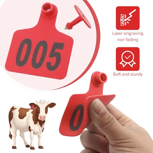 Cattle Ear Tags 001-100, 100Pcs Plastic Livestock Ear Tag for Cows Goats Sheep Pigs with Pliers Applicator & 2 Pins, Animal ID Tags for Ranch Farm Herd Tracking, Laser Print (001-100, Red) - color: Red