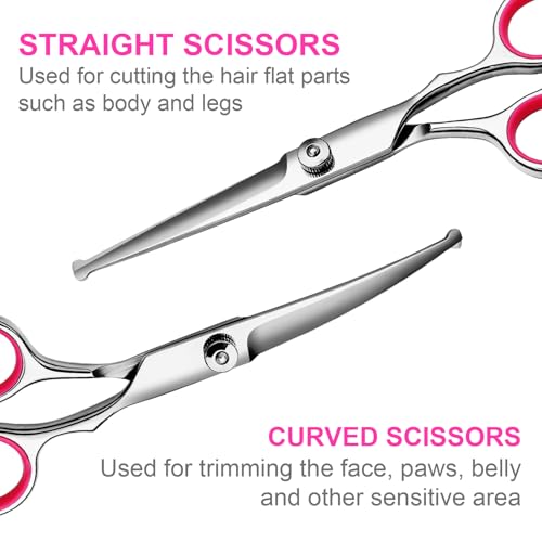 TINMARDA Dog Grooming Kit, Professional Stainless Steel Dog Grooming Scissors with Curved Shears, Pink Finger Rings - 5 Piece Sharp Durable Pet Shears for Dogs Cats At Home Salon-Quality Grooming - color: Pink, size: 5 Piece