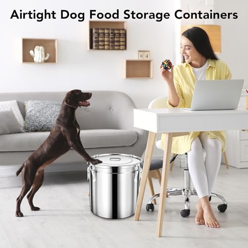 Newget Dog Food Storage Containers, Large Stainless Steel Pet Food Storage Containers 25 lb / 11.5 kg to Keep Fresh, Metal Airtight Cat Food Containers With Scoop and 2 Small Containers - size: 25 lb