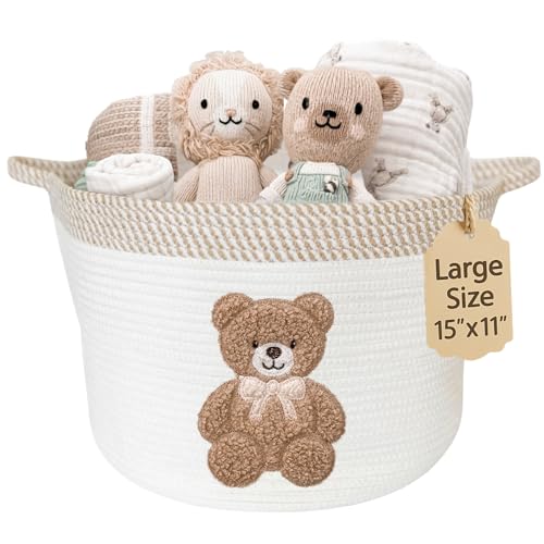Teddy Bear Baby Storage Basket, Woven Cotton Rope Nursery Bin, 15x11 in | Stuffed Animal and Blanket Storage, Embroidered Bear Patch, Gender Neutral Nursery Decor, Shower Gift, Playroom Organizer - color: Neutral Teddy