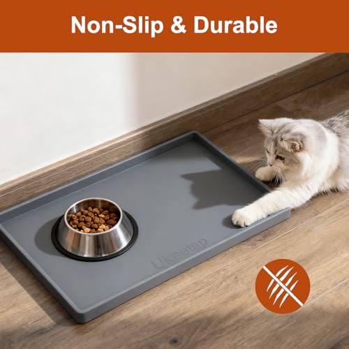 19" x 12" Extra Thick Silicone Mat Waterproof with Raised Edge, Gray | BPA-Free Non-Slip Dog & Cat Food Mat, Feeding Mat for Food and Water Bowls, Spill Proof Mat to Protect Floors - color: Gray, size: 19"L x 12"W