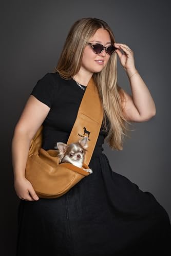 Noah & Paw Dog Sling Carrier for Small Dogs 3-10lb, Dog Sling for Small Dogs and Cats, Dog Carrier with Adjustable Padded Strap, Vegan Leather Lined with Fur, 3X Safety Features, Machine Washable - color: Camel, size: 15.0"L x 6.0"W x 5.5"H