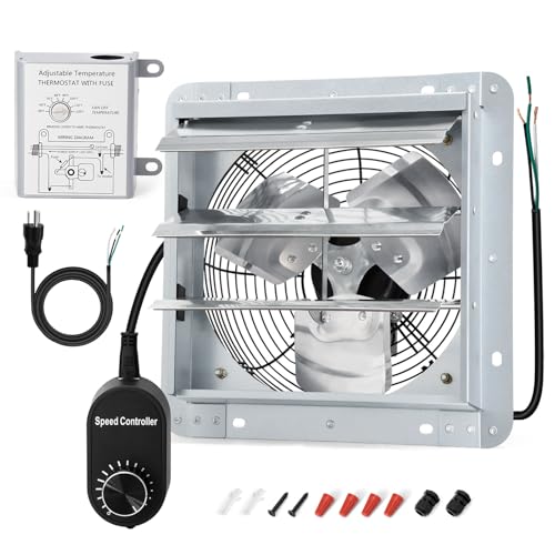 Criditpid 14 Inch Shutter Exhaust Fan, 1088 CFM Wall Mounted Attic Fan, Greenhouse Fan with Speed Controller and Thermostat for Garages, Warehouse, Shed, Basement, Chicken Coops Ventilation, 1450 RPM - size: 14 Inch Shutter Exhaust Fan