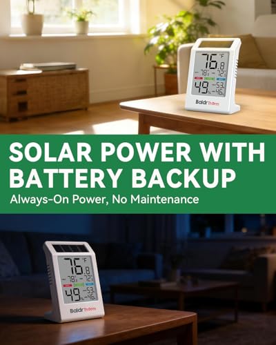BALDR Indoor Thermometer Hygrometer, Solar Power with Battery Backup, Large Display, Daily Max/Min & Comfort Indicator Humidity Meter | Solar & Battery Dual Power |No Setup or App Required |Clear Comfort Level Indicator |Flexible Desk or Wall Placement -
