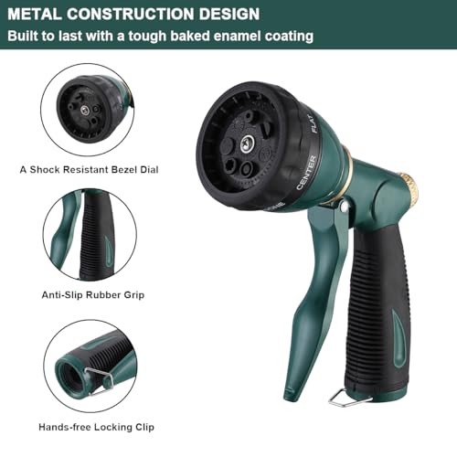 FANHAO 8 Spray Patterns Metal Garden Hose Nozzle with Hands-Free Lock | Rustproof Leak Proof Metal, Comfortable Non-Slip Handle, High Pressure Hose Sprayer Nozzle for Plant, Car & Pet Washing - color: Green