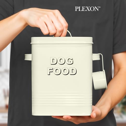 Plexon Metal Dog Food Storage Container with Scoop - Small Dog Food Container Holder Treat Jar Bin with Lid - Pet Chow Storage Canister Tin, 1.5 Gallon, 7 lbs, Off-White - color: Off-white, 1.5 Gall Capacity