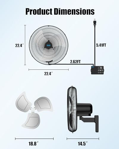 20" Wall Mounted Fan with Thermostat & Remote, Oscillating Fan | Wall Mount Fan, 1-18H Timer, 3-Speed 4750 CFM High Velocity Industrial Wall Fan for Garage, Farm, Patio, Workshop, Barn - size: 20 inch