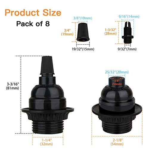 8 Pack E26 E27 Light Sockets, Black Threaded Keyless Lamp Socket | Medium Screw Base Lamp socket Replacement with Shade Ring, Retro Style E26 DIY Light Bulb Sockets Cover Pendant Lamps Holder