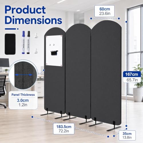 Portable Wall Divider, Office Partitions Room Divider wall with Whiteboard | 72 x 66 in Soundproofing Wall Divider, Cubicle Wall with magnet, thumbtacks, pen for Classroom Home Office School Hospital - color: Dark Gray