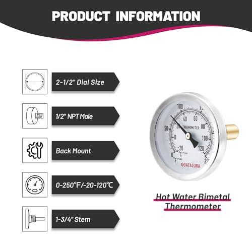 Hot Water Bimetal Thermometer, 2-1/2" Dial Size, 1-3/4" Lead-Free Brass Stem, 1/2" NPT Back Mount, 0-250 Deg F/-20-120 Deg C, 2% Accuracy