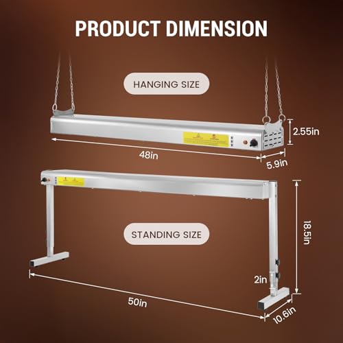 48-Inch Food Heat Lamp, 1350W Overhead Electric Strip Heater, 115V | Keep Food Warm, Stainless Steel, Adjustable Hanging or Stand, Food Warmers for Parties Buffet, Restaurant, kitchen, Silver - size: 48 Inch