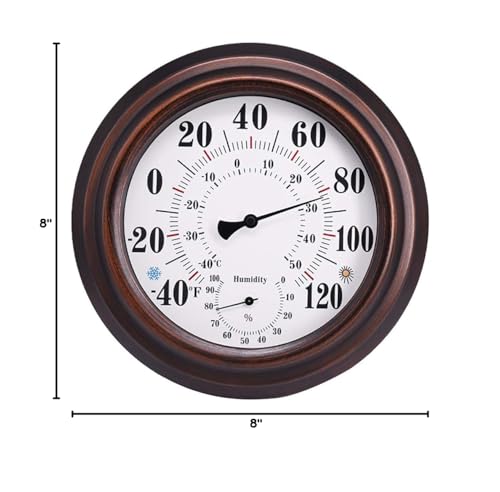 Indoor Outdoor Thermometer Hygrometer - 8" Bronze Steel Wall Thermometer Hygrometer for Patio, Wall or Decorative, No Battery Needed Hanging Thermometer