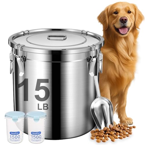 Newget 15lb Airtight Stainless Steel Dog Food Storage Container with Scoop | Large Metal Pet Food Containers Set with Sealed Lid, Metal Lock for Easy Open and Close, Keeps Fresh for Cat / Dog Food - size: 15 lb