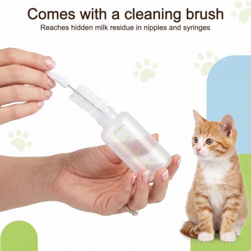 Pet Nursing Kit for Kittens Puppies, 1 Bottle with 4 Shaped Nipples | Syringe Clean Brush, Newborn Small Animal Feeding Set, Kitten Bottle Feeding Supplies(Round Pointed Cylindrical)