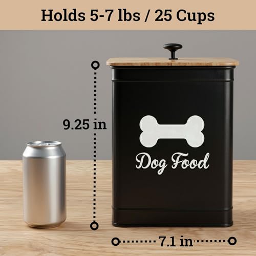 Metal Dog Food Container 5-7lb, 25 Cup w/ Airtight Bamboo Lid, Metal Handle | Pet Jar For Dogs up to 50lbs, Airtight Bamboo Lid, Sturdy Comfortable Metal Handle, Powder Coated Iron, Kibble Storage Bin - color: Black: Bone