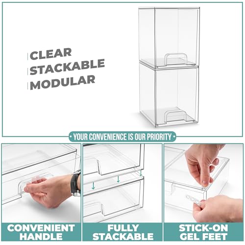 Sorbus Clear Stackable Storage Drawers (2 Pack, 7.6'' Tall) | Acrylic containers with pull-out bins keep cosmetics, brushes and daily items sorted on bathroom counters or in cabinets. - size: 2 Pack, 7.6’’ Tall