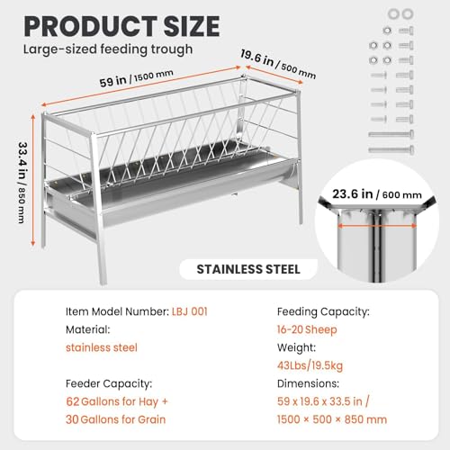 92 Gallon Steinless Steel Goat Hay Feeder，2-in-1 Design with 62 Gal Top Hay Feeder and 30 Gal Base Trough，Corrosion Resistant Livestock Feeder for Barns, Pastures, Farms