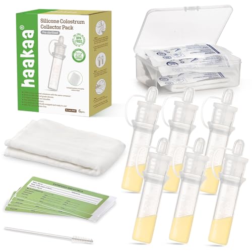 haakaa Colostrum Collector Kit for Newborns, 4ml-6pcs | World-first design, 3-in-1 Collector, Safe food-grade silicone-BPA Free, Ready-to-use pack,Replace disposable syringes - size: 6 Count (Pack of 1)