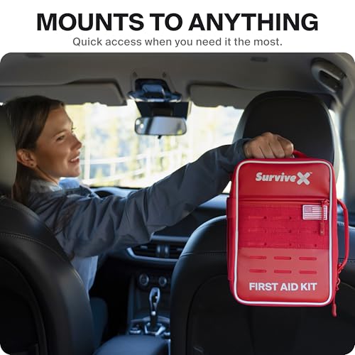 SurviveX Large Pro First Aid Kit, Labeled Pockets, Zip Stitch Wound Closure | Emergency kit for 5-6 people, close wounds without stitches, organized first aid for car, home, travel, camping, outdoors
