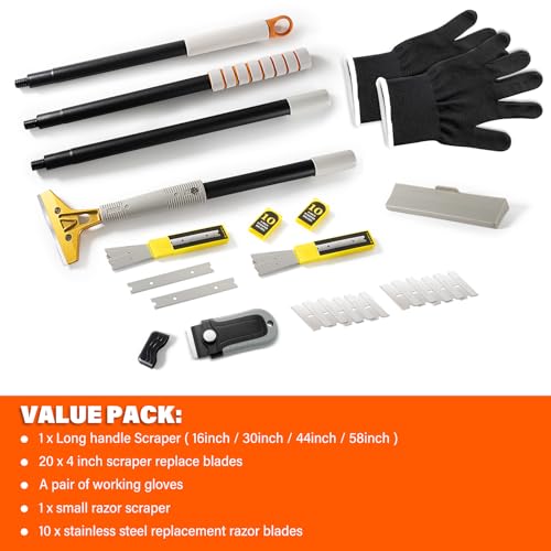 4" Wide Razor Blade Scraper Tool with Adjustable 16''-58"(1.3ft -4.8ft) Long Handle, 20PCS Extra Metal Blades, Cleaning Glass Wall Scraper, Painting stripping tools, Tile, Floors, Walls
