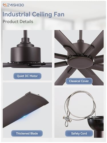 ZMISHIBO 65 Inch Ceiling Fan without Light, 8 Aluminum Reversible Blades | Industrial-Grade, DC Motor, Damp Rated, 6 Speeds, Remote Control, 3 Downrods, Flat/Sloped Ceiling, Living Room, Patio, Gym - color: Oil-bronze, size: 65inch