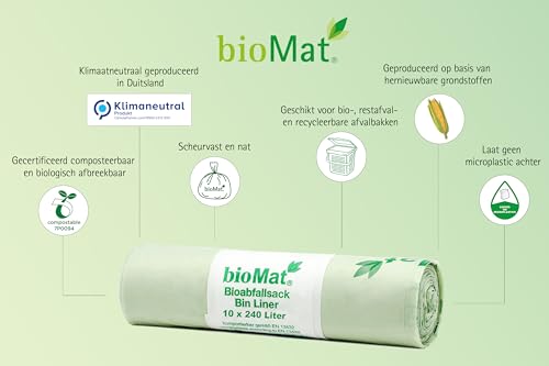 bioMat 64 Gallon Compostable Food Scrap Bags, 20 Count | BPI, CMA and OK Compost HOME certified, Meets the ASTM D6400 Standard, XL Flat Top Bin Liner for Kitchen Food Waste Bin - size: 10 Count (Pack of 2), style: 64 Gallon