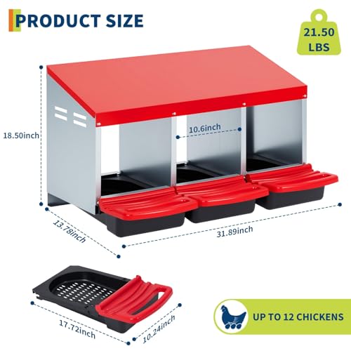 Chicken Nesting Boxes for Chickens Laying Eggs, 3 Hole Roll Away Egg Collection Box for Chicken Coop, Wall Mount Metal Nesting Box, Easy Egg Collectio