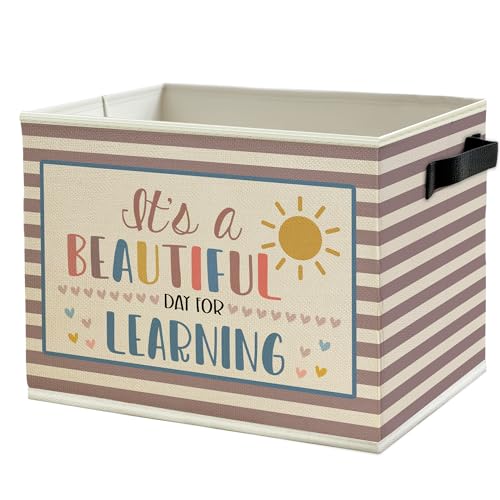 Boho Classroom Storage Bins Box with Handles, It's a Beautiful Day for Learning Neutral Striped Collapsible Basket Organizer for Classroom Kids Room Bedroom Playroom Books Clothes - color: Color01