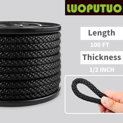 1/2 Inch × 100 FT Black Polyester Solid Braid Rope – UV & Abrasion Resistant, Low Stretch, Multipurpose for Flagpole Halyard, Clothesline, Camping, and Utility Tasks - size: 1/2 In×100 FT