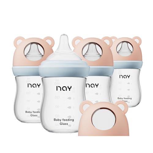 yanyoyo Natural Glass Baby Bottle for Breastfeeding Babies, 5.4oz Anti-Colic Baby Bottle with Natural Response Nipple(S), Clear, Wide Neck, 4 Pack, 1 Months+ - color: Pink, size: 5.4 Ounce (Pack of 4)